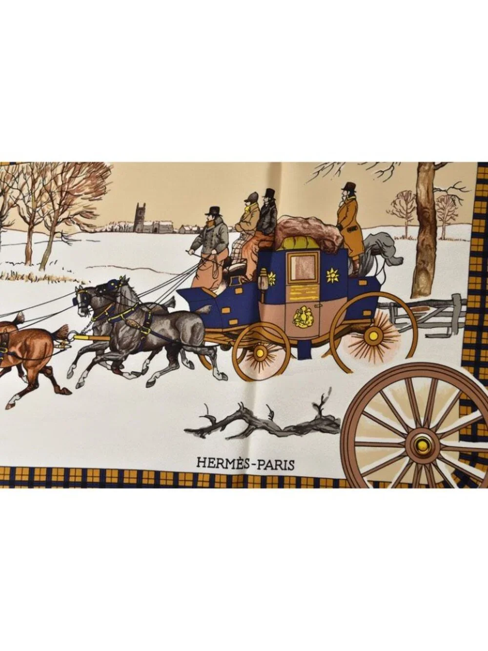 Hermes Carre 90 Scarf Winter Post L'hiver en Poste Vintage Navy White - Picture 4 of 9